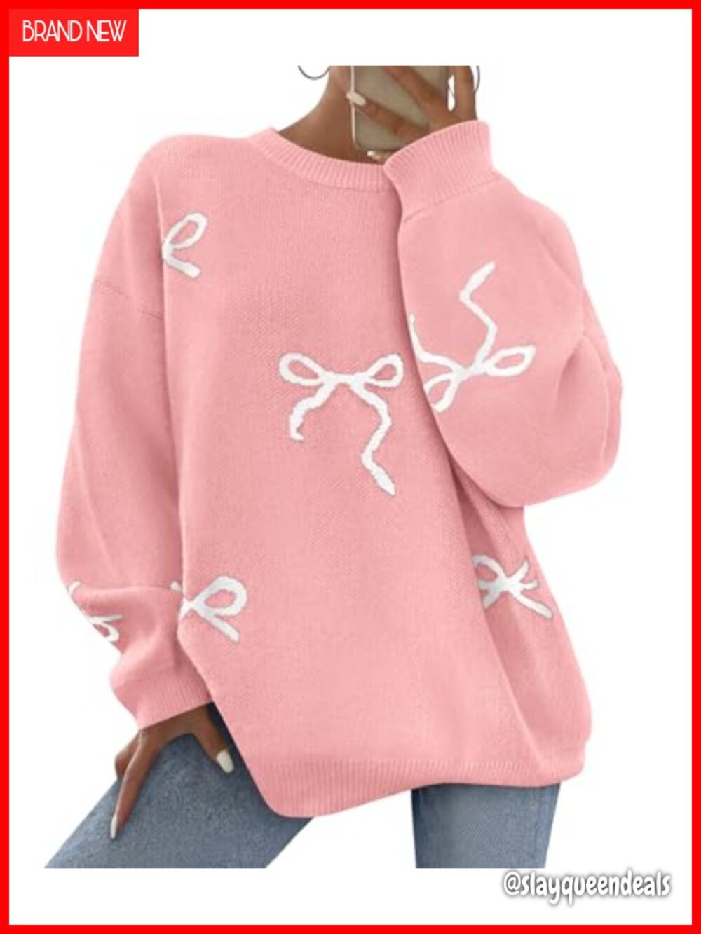Women's Long Sleeve Bow Oversized Chunky Knit Sweater Pullover